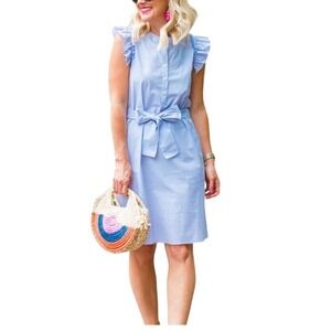 Gibson Ruffle-Sleeve Dress Size Large Blue Stretch Cotton